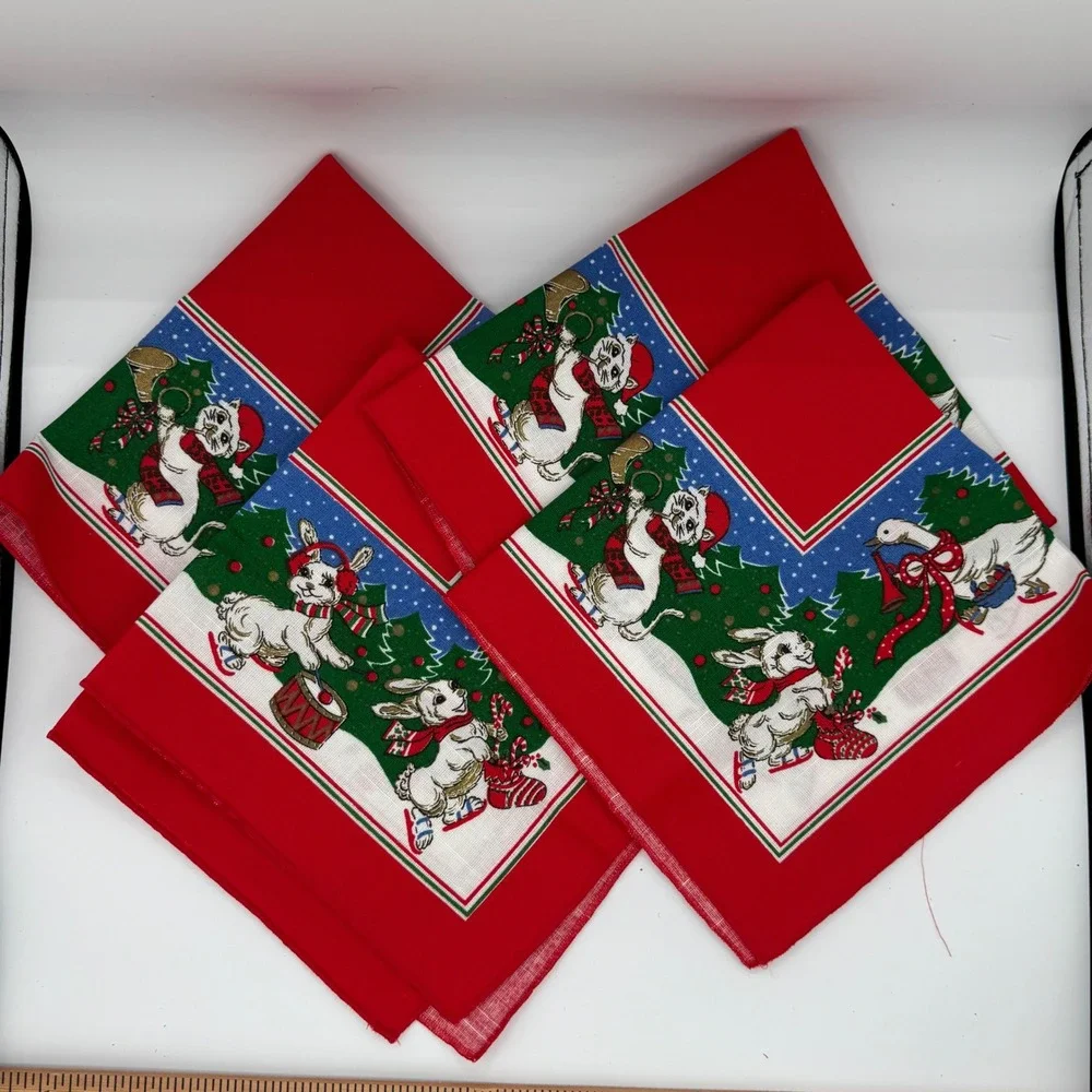 Sunweave Linen Christmas Napkins Set 4 Skating Animals Cats Bunnies Geese Red